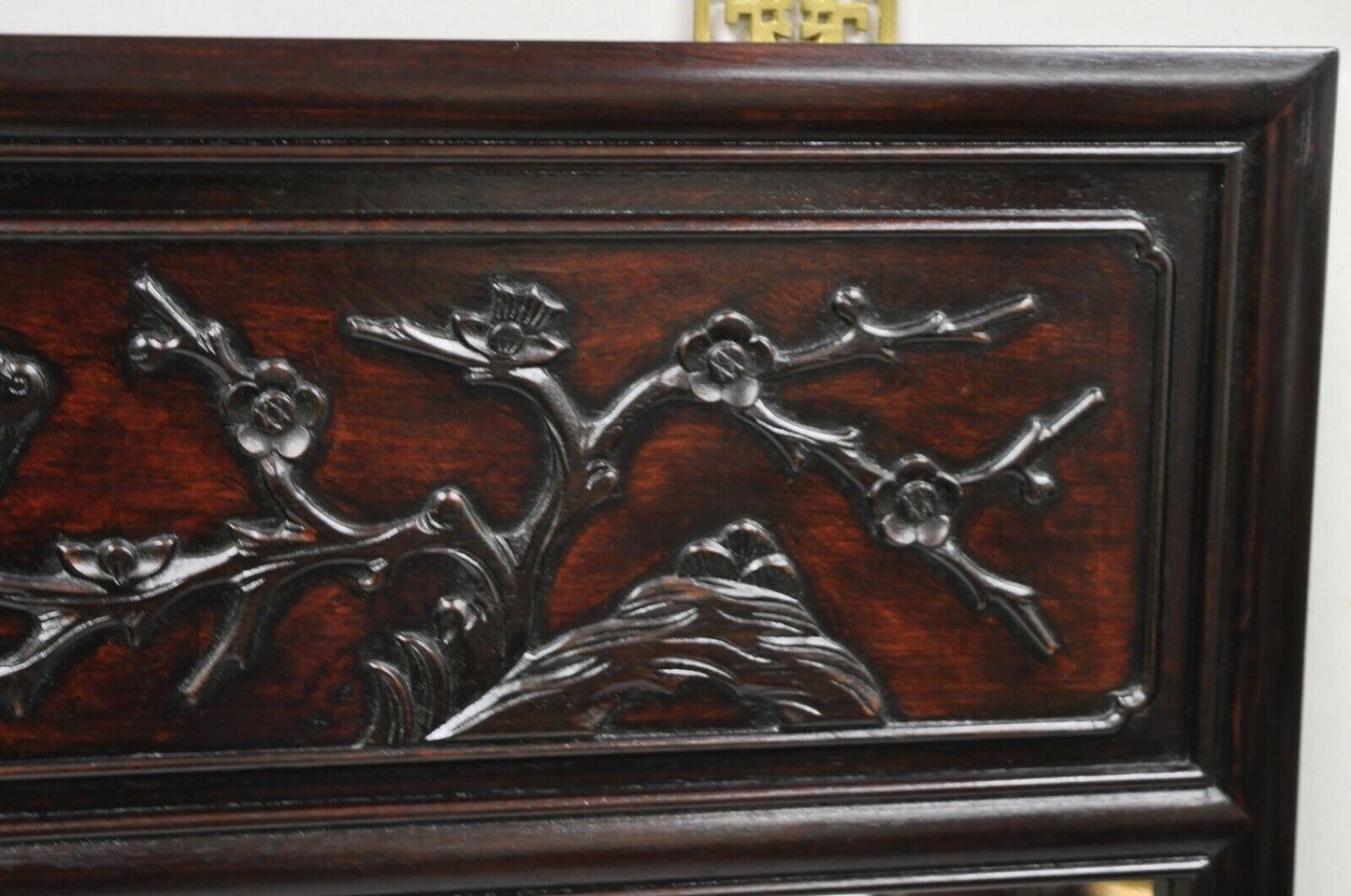 Vintage Chinese Bird Carved Hardwood Mahogany Rectangular Oriental Wall Mirror