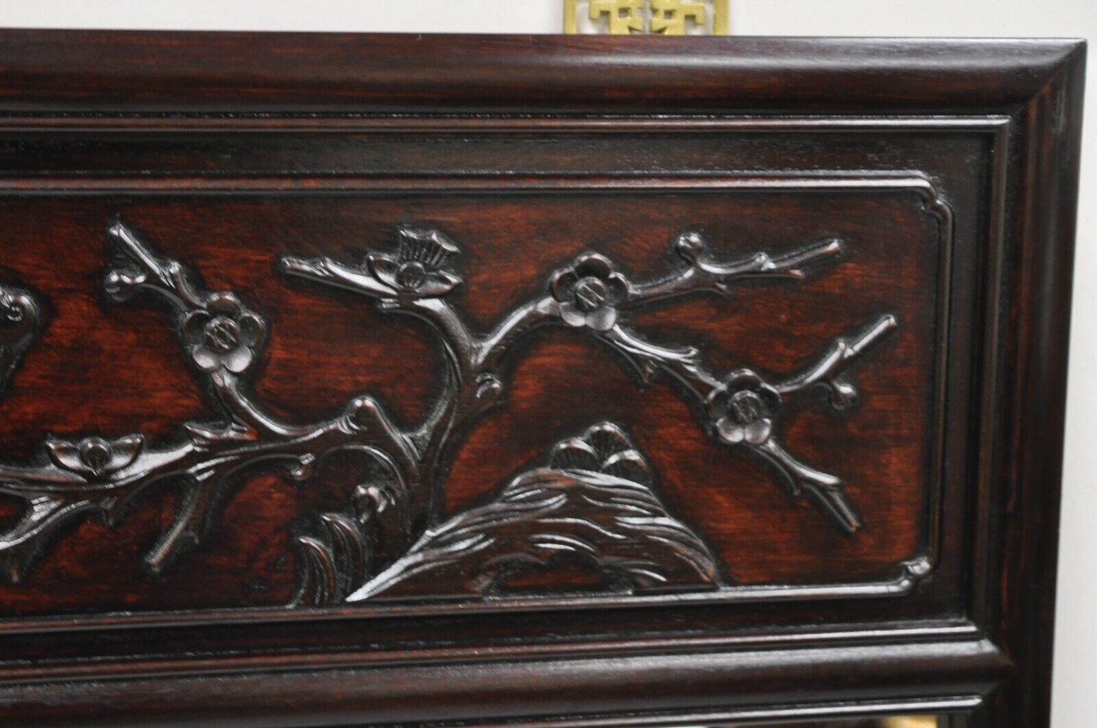 Vintage Chinese Bird Carved Hardwood Mahogany Rectangular Oriental Wall Mirror