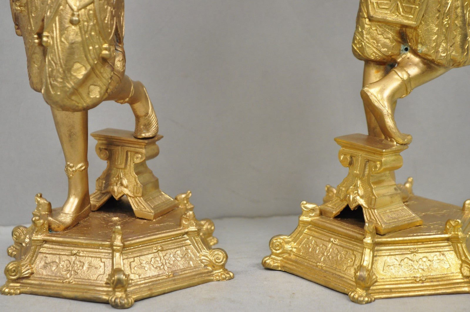 Antique Orientalist Gold Gilt Bronze Figural Male and Female Candlesticks - Pair