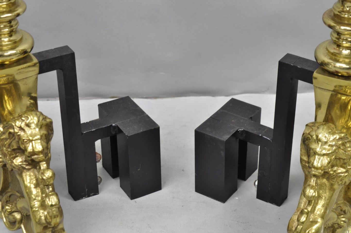 French Empire Renaissance Brass Lion Coat of Arms Cannonball Andirons - a Pair