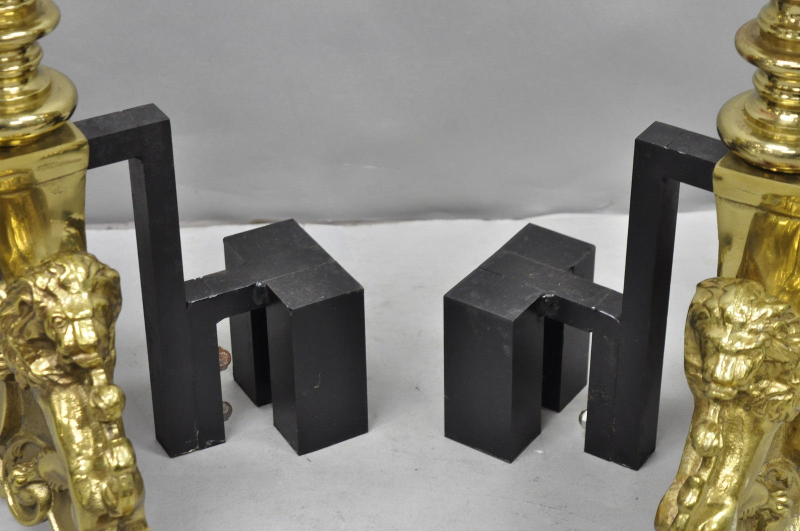 French Empire Renaissance Brass Lion Coat of Arms Cannonball Andirons - a Pair