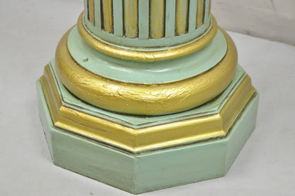 Antique French Empire Neoclassical Green & Gold Painted Wooden Column Pedestal