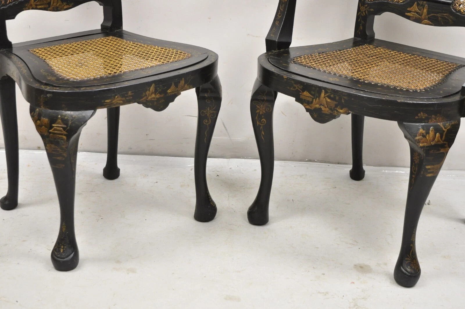 Antique Chinoiserie Queen Anne Hand Painted Floral Cane Dining Chairs - Set of 4