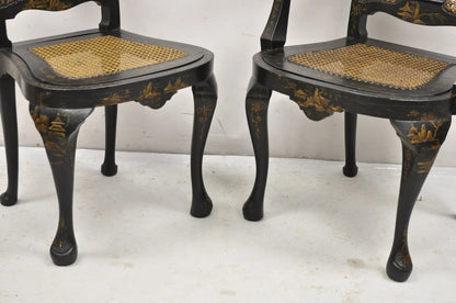 Antique Chinoiserie Queen Anne Hand Painted Floral Cane Dining Chairs - Set of 4