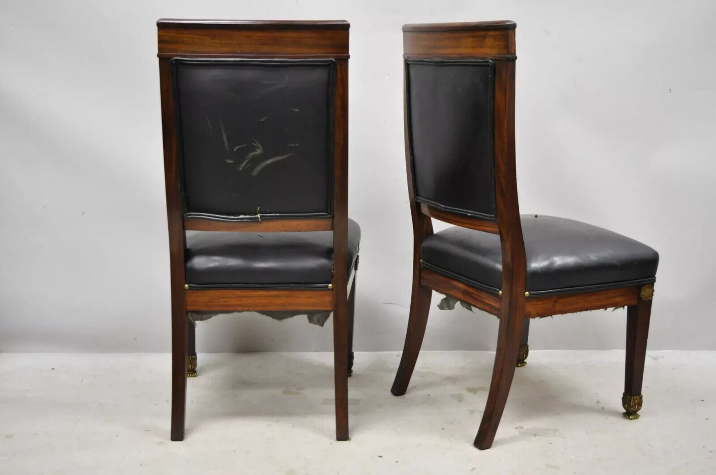 Antique French Empire Mahogany Side Chairs w/ Neoclassical Bronze Ormolu - Pair