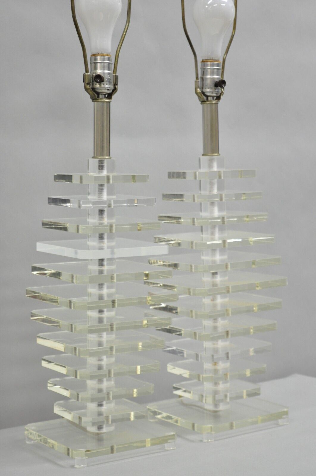 Vintage Mid Century Modern Stacked Lucite Skyscraper Table Lamps - a Pair