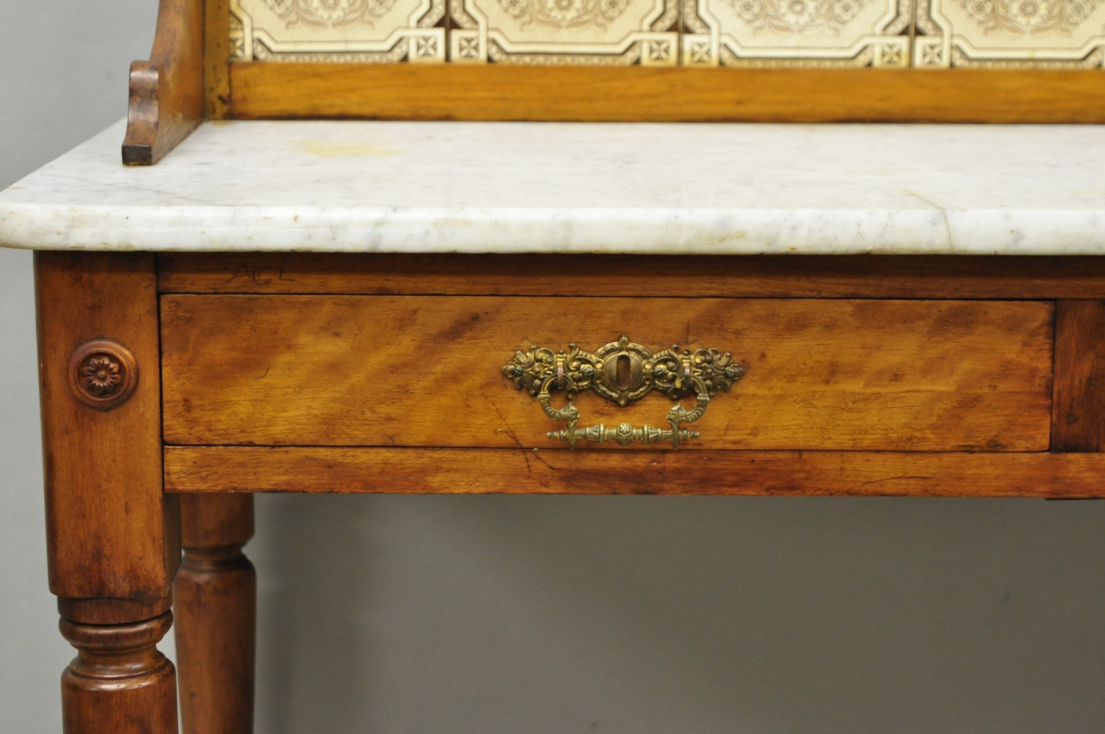 Antique Victorian Walnut Marble Top Washstand Good Luck Swastika Tile Backsplash