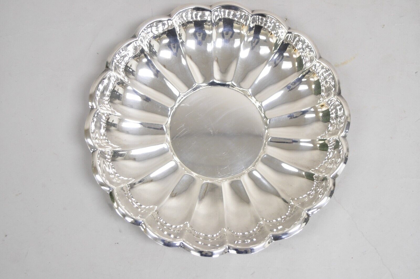 Vintage Modernist 13" Round Silver Plated Scalloped Edge Centerpiece Fruit Bowl