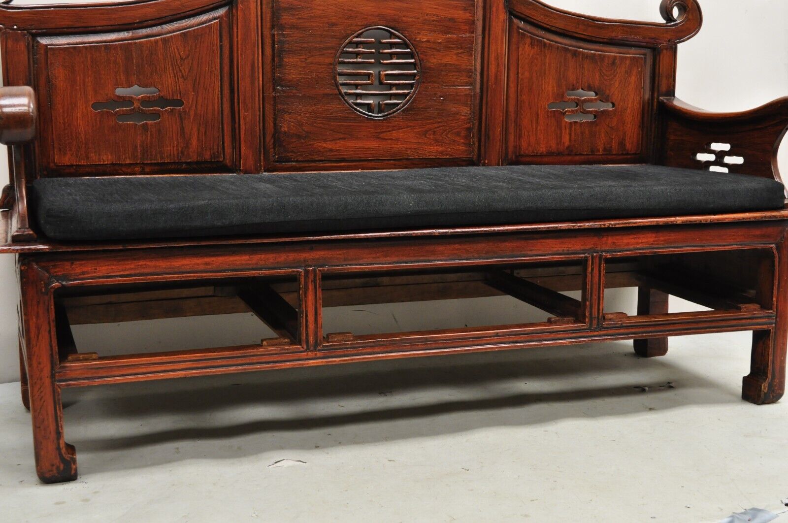 Vintage Chinese Mahogany Carved Wood Pagoda Sofa Hall Wedding Bench
