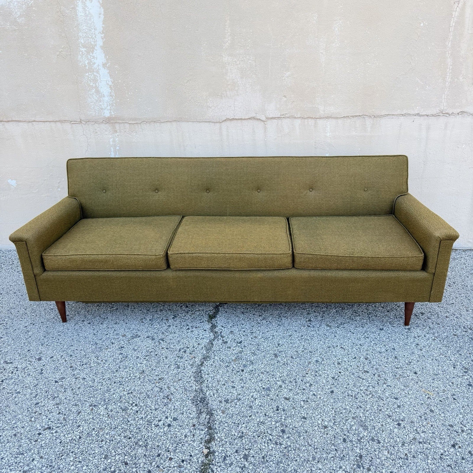 Vintage Mid Century Modern Greenish Brown Tufted 82" Sofa Couch w/ Walnut Legs