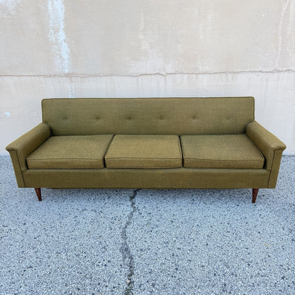 Vintage Mid Century Modern Greenish Brown Tufted 82" Sofa Couch w/ Walnut Legs