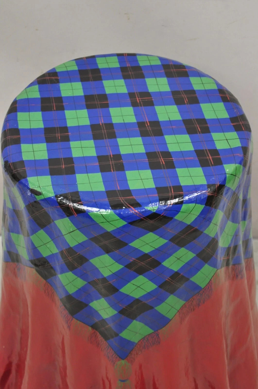 Vintage Paper Mache Red Blue Green Tartan Painted "Tablecloth" Drape Side Table