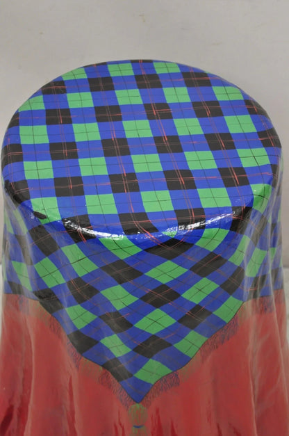 Vintage Paper Mache Red Blue Green Tartan Painted "Tablecloth" Drape Side Table