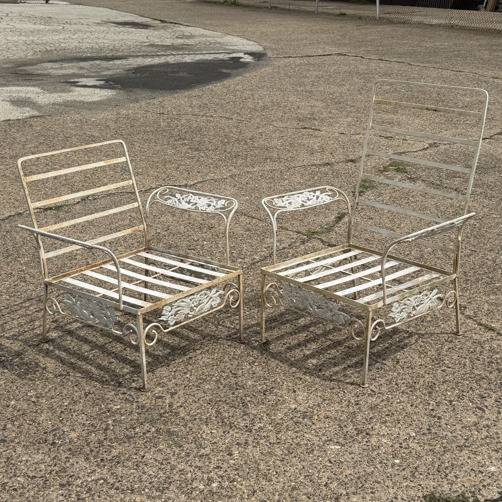 Vintage Russell Woodard "Kissing Birds" Wrought Iron Patio Lounge Chair - Pair