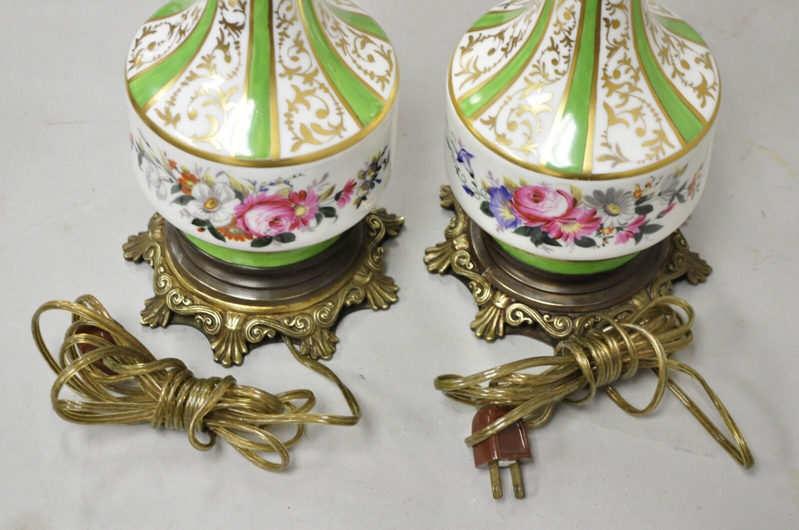 Antique French Victorian Paris Porcelain Green Floral Rose Table Lamps - a Pair