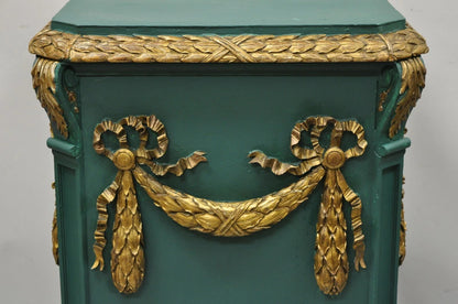 Vintage French Louis XVI Style Green Gold Carved Wood 39" Column Pedestal Stand