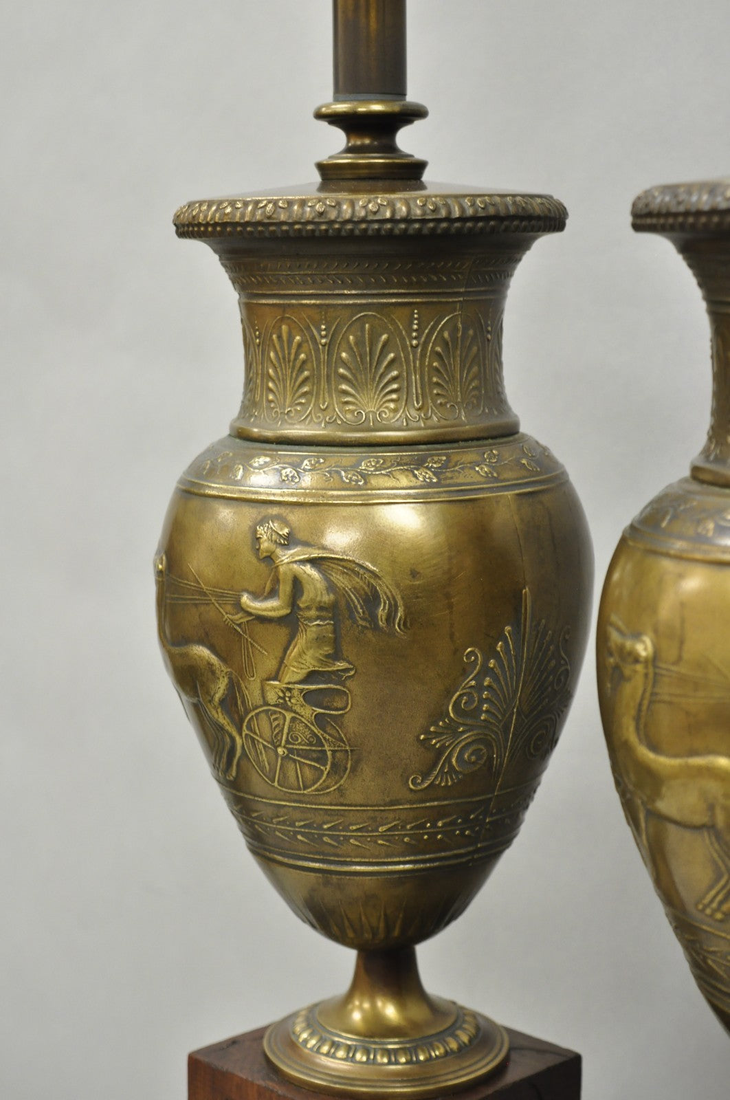 Vintage French Neoclassical Horse & Chariot Bronze Finish Urn Table Lamps a Pair
