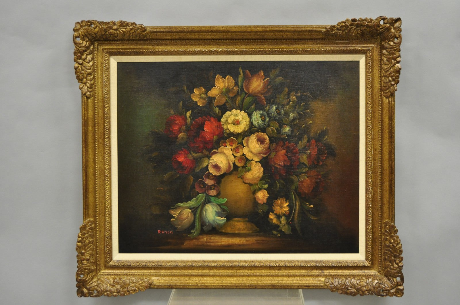 Vintage Victorian Flower Bouquet Still Life Painting Oil on Canvas Signed Romen