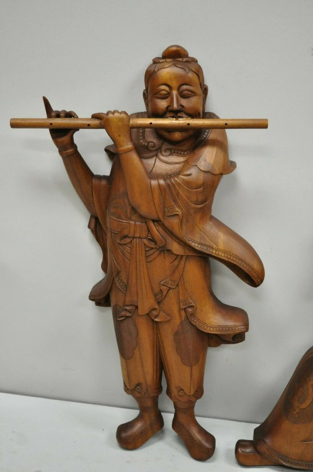Vintage Ricardo Lynn Carved Teak Wood Oriental Figures Flute Player Wiseman Pair