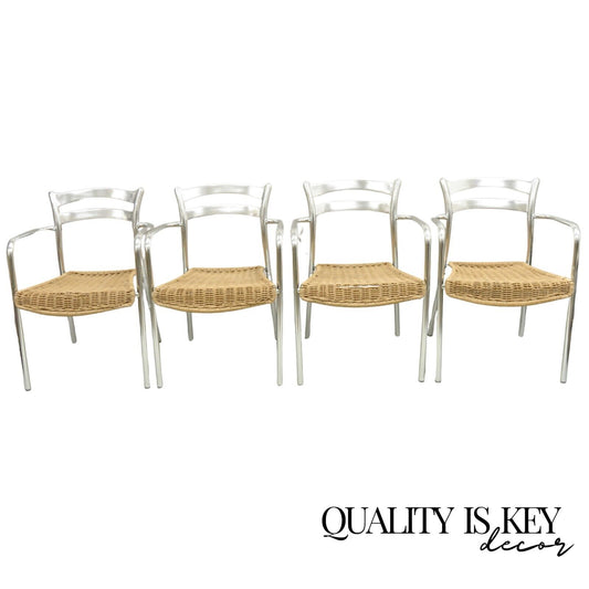 Modern Sculptural Aluminum Metal Rattan Silver Stacking Dining Chairs - Set of 4