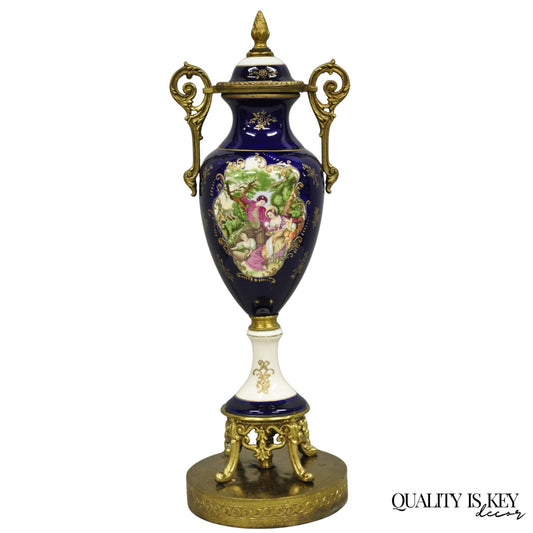 Vintage French Victorian Style Hand Painted Cobalt Blue Decorative Porcelain Urn