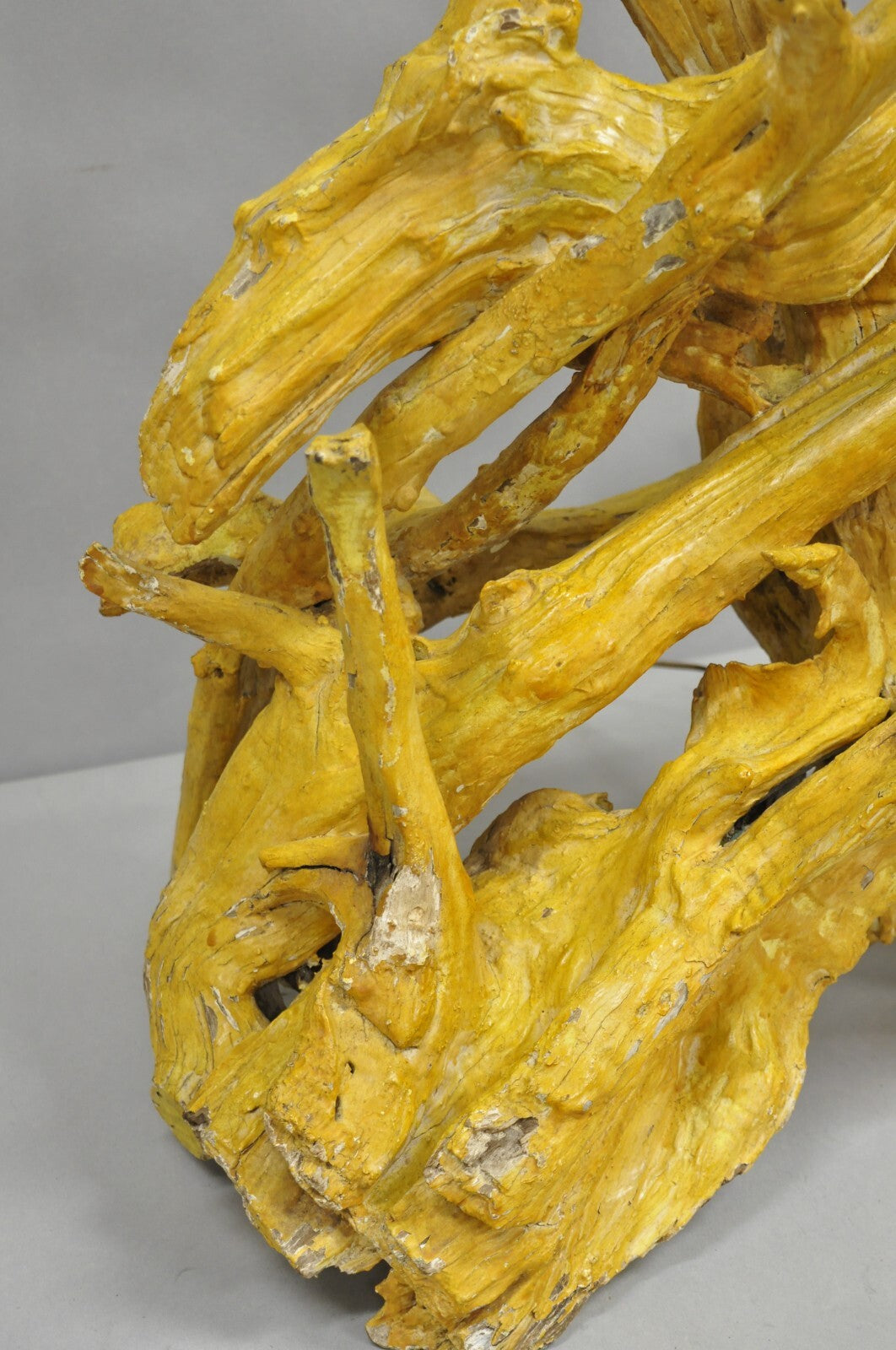 Vintage Mid Century Modern Large Driftwood Yellow Painted Tiki Room Table Lamp