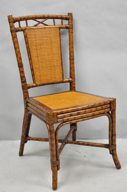 Hollywood Regency British Colonial Burnt Bamboo Cane Dining Chairs - Set of 4
