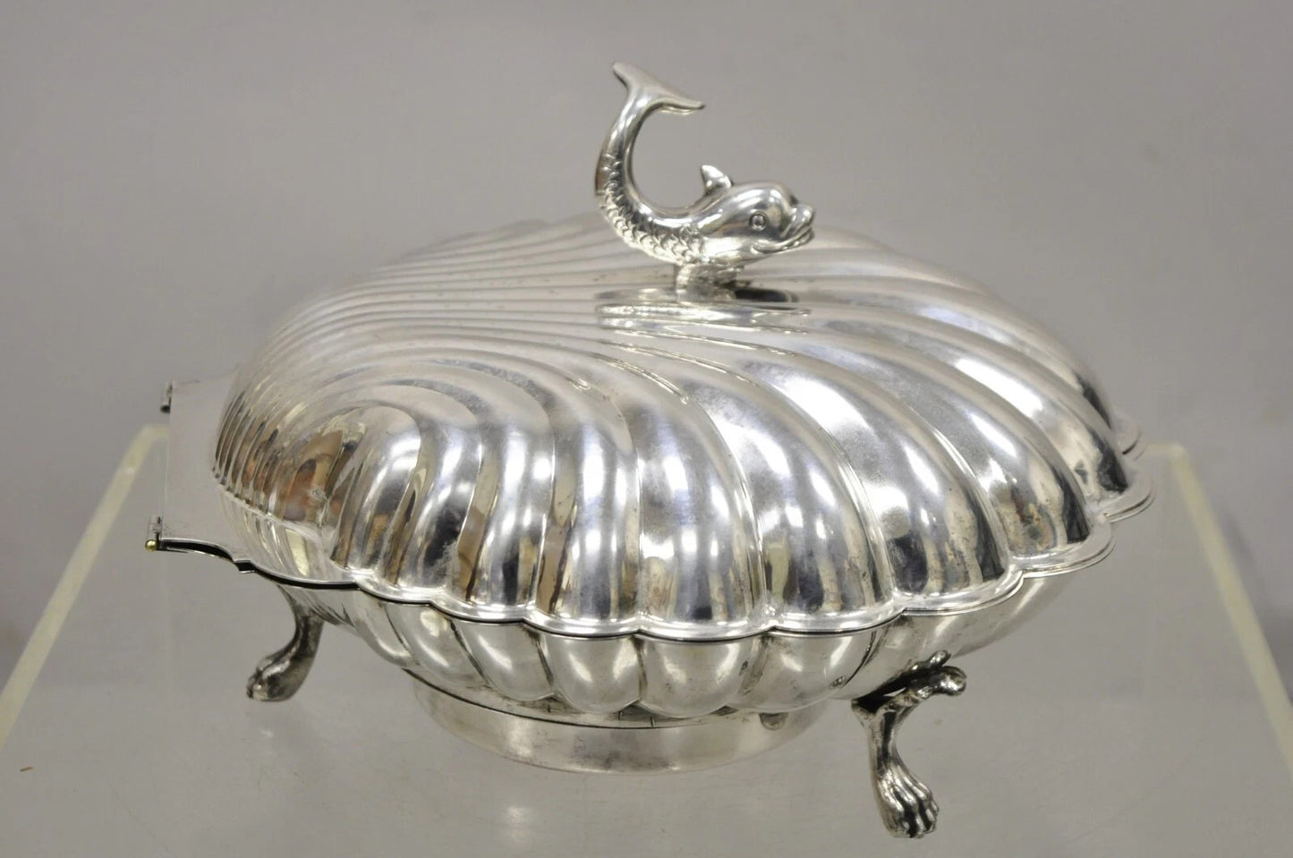 Vintage Eton Dolphin Handle Clam Shell Silver Plated Electrified Serving Warmer