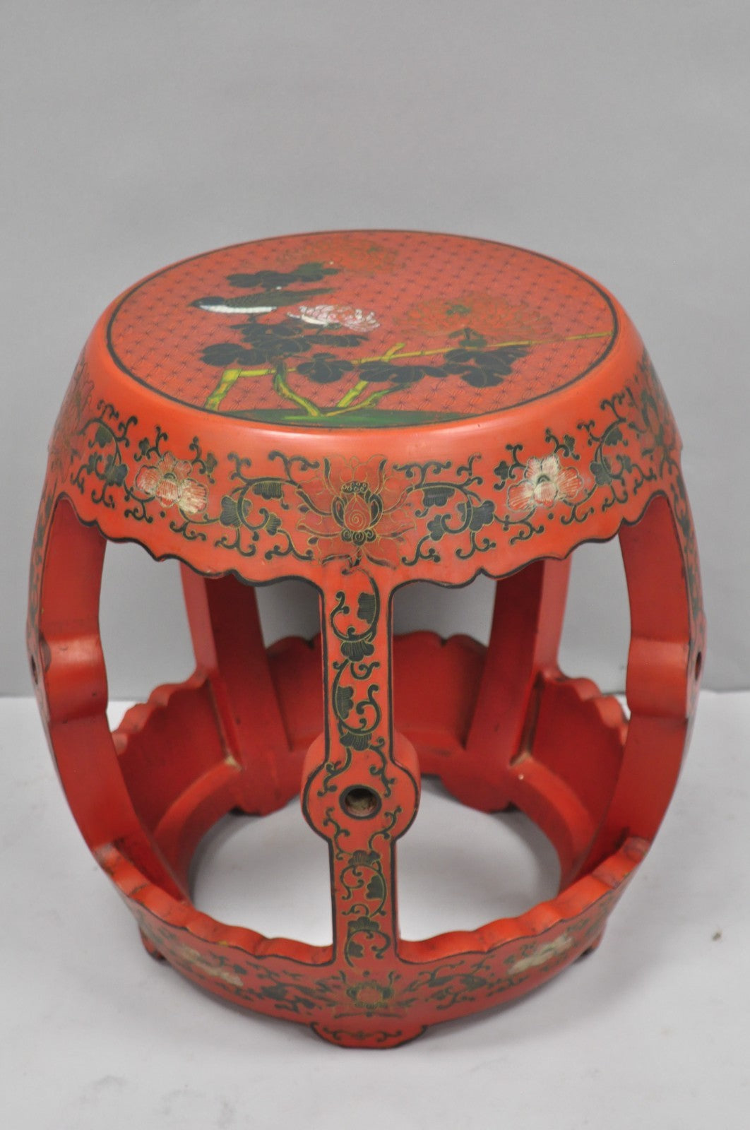 Vintage Chinoiserie Red Lacquer Plant Stand Garden Stool Drum Side Table (B)