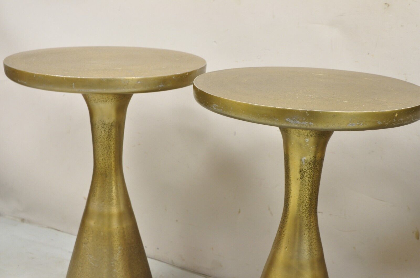 Modern Burnished Cast Metal Gold Sculptural Round Drinks Side Table - a Pair