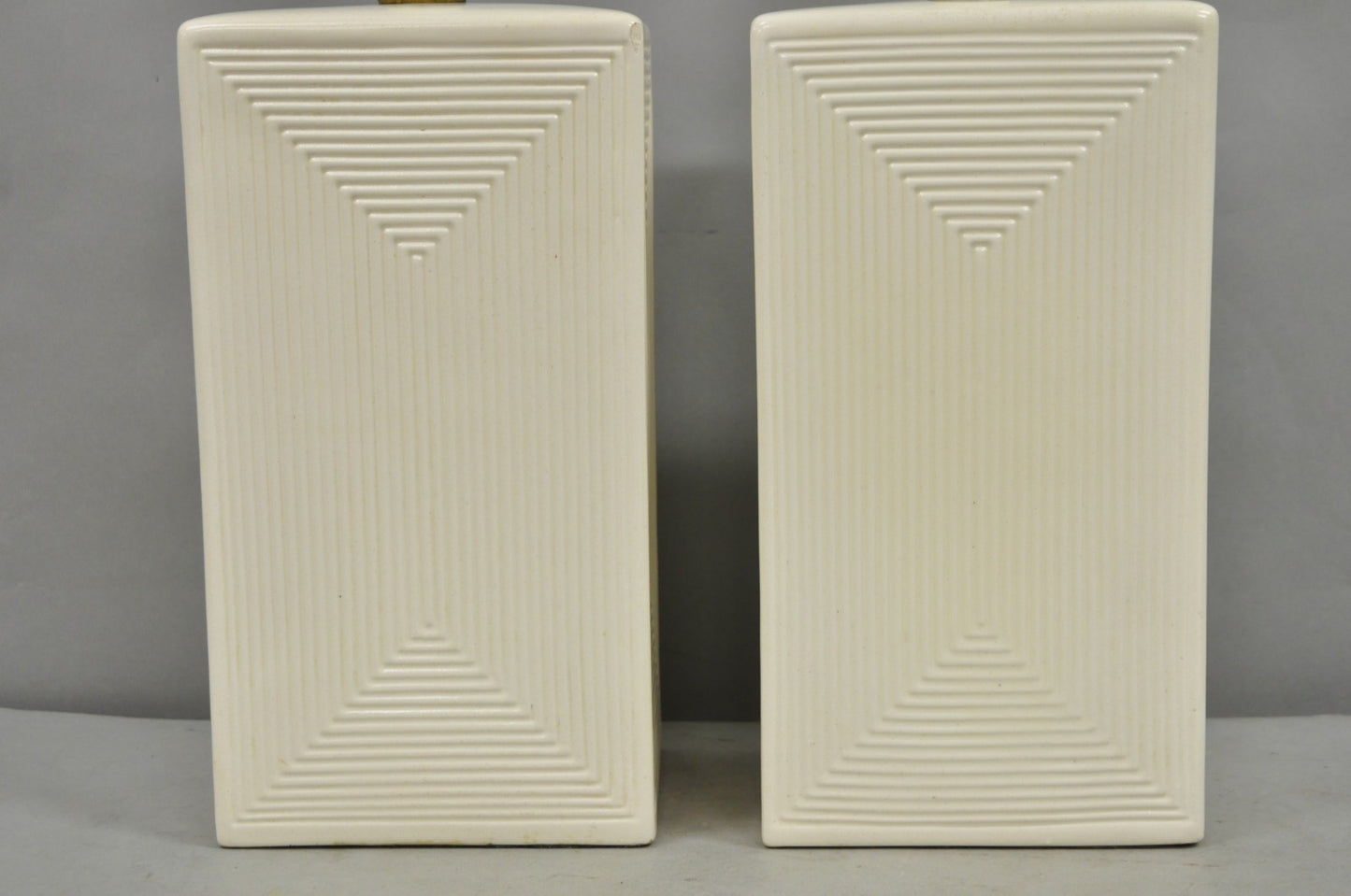 Vintage Mid Century Modern White Geometric Ceramic Cubist Table Lamps - a Pair