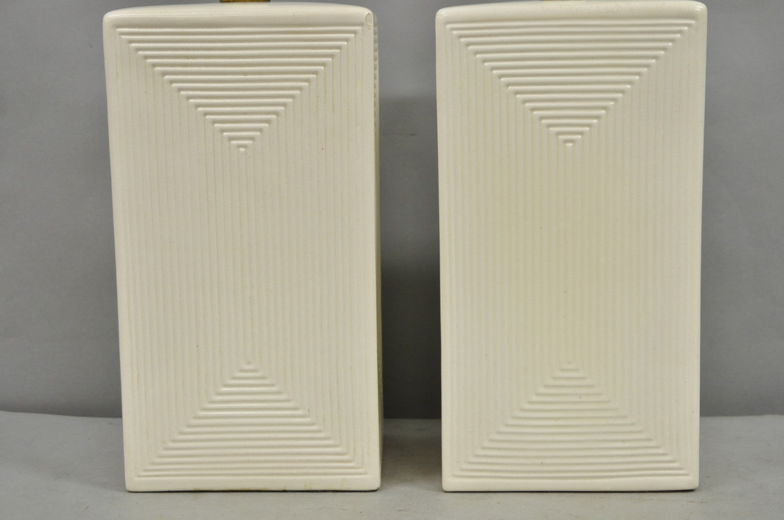 Vintage Mid Century Modern White Geometric Ceramic Cubist Table Lamps - a Pair
