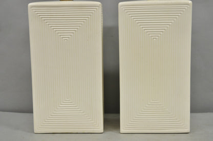 Vintage Mid Century Modern White Geometric Ceramic Cubist Table Lamps - a Pair