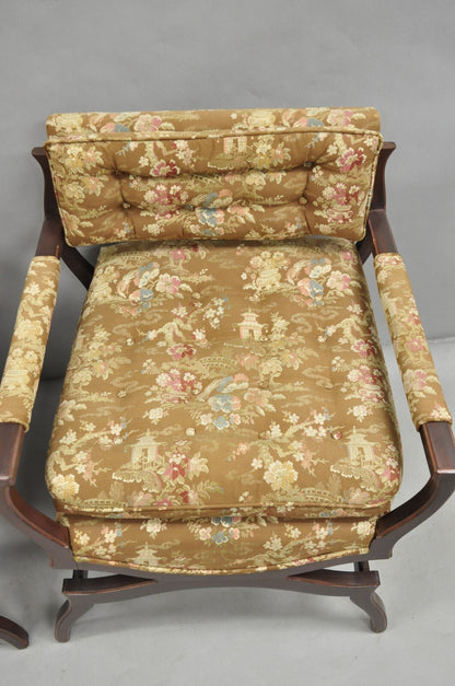 Vintage Hollywood Regency Curule Wooden X-Frame Lounge Arm Chairs - a Pair