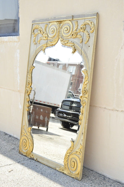 Antique French Rococo Louis XV Style 85" Gold Gilt Cream Painted Trumeau Mirror