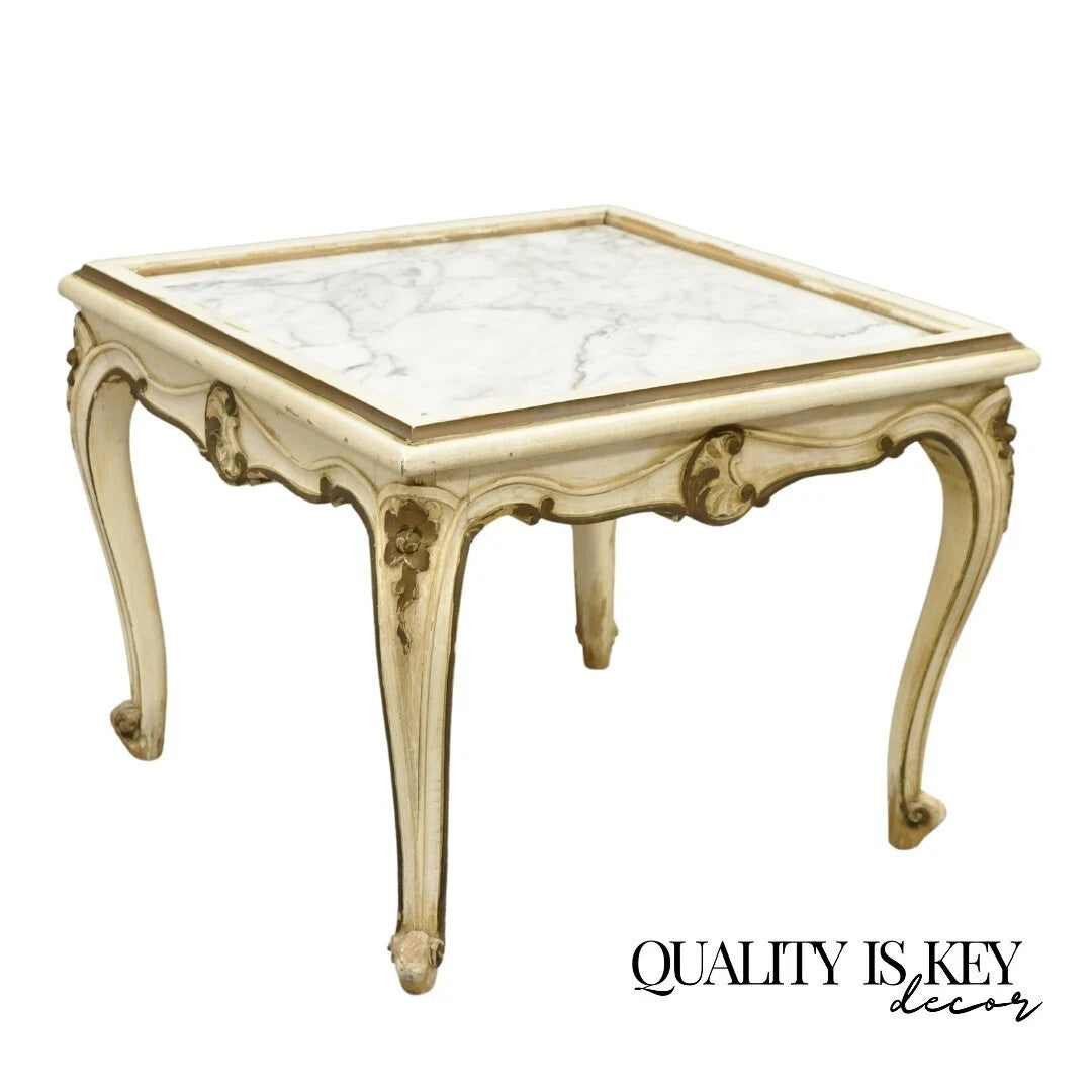 Vintage French Louis XV Style White Painted Marble Top Low Square Coffee Table