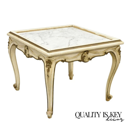 Vintage French Louis XV Style White Painted Marble Top Low Square Coffee Table