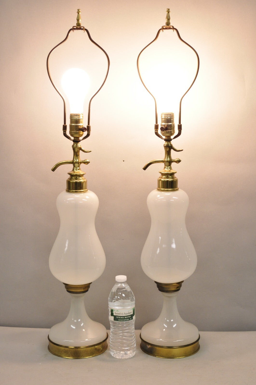 Mid Century Modern White Opaline Milk Glass Seltzer Bottle Table Lamps - a Pair
