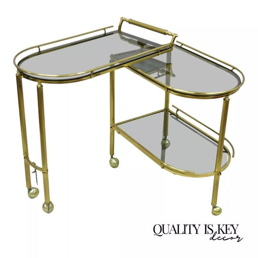 Italian Hollywood Regency Brass Swivel Rolling Bar Cart Server with Smoked Glass