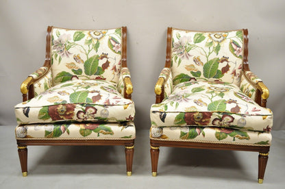 French Regency Style Floral Print Mahogany Frame Club Lounge Chairs - a Pair