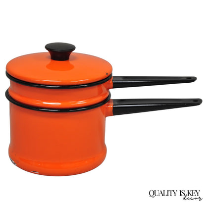 Vintage Enamel Orange & Black Metal Double Boiler Nesting Pot w/ Lid