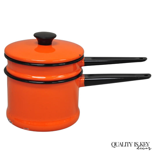 Vintage Enamel Orange & Black Metal Double Boiler Nesting Pot w/ Lid