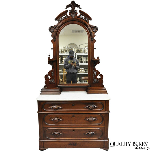 Antique Eastlake Victorian Carved Walnut Marble Washstand Dresser with Mirror