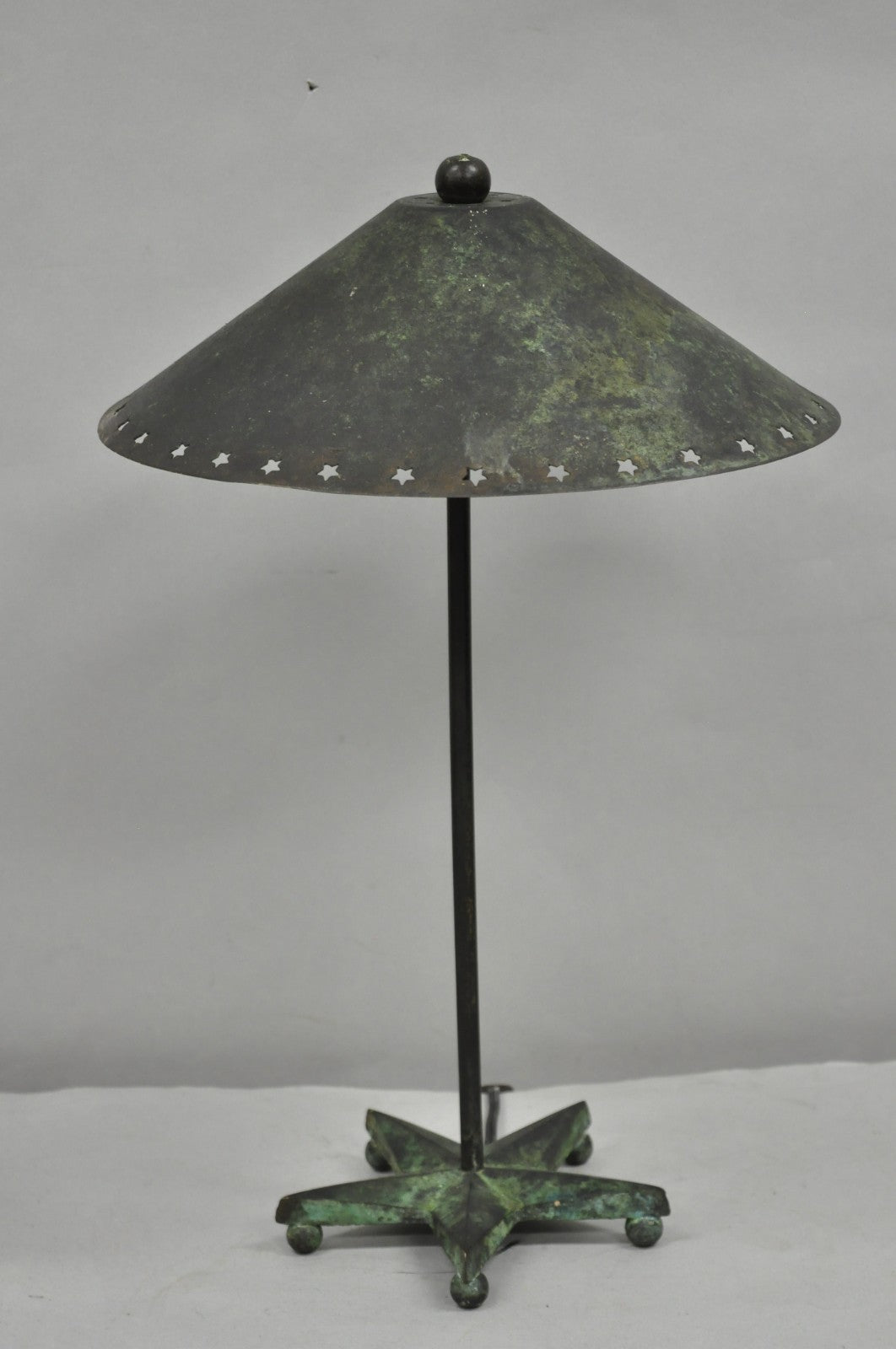 Brutalist Mid Century Modern Verdigris Green Bronze Star Cutout Small Table Lamp