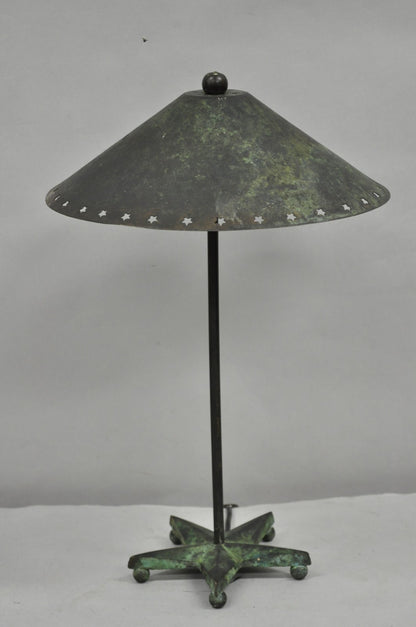 Brutalist Mid Century Modern Verdigris Green Bronze Star Cutout Small Table Lamp