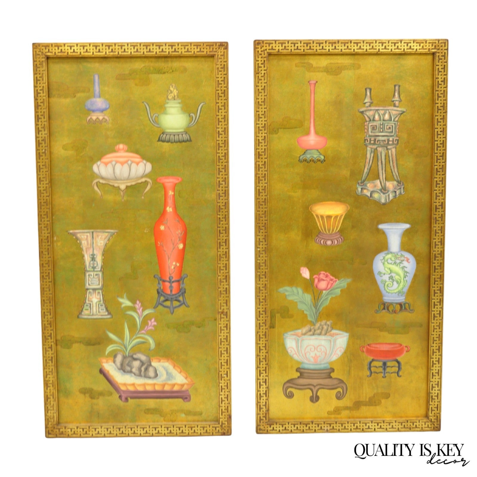 Vintage Chinoiserie Gold Hand Painted Chinese Vase Wall Panel Plaque - a Pair