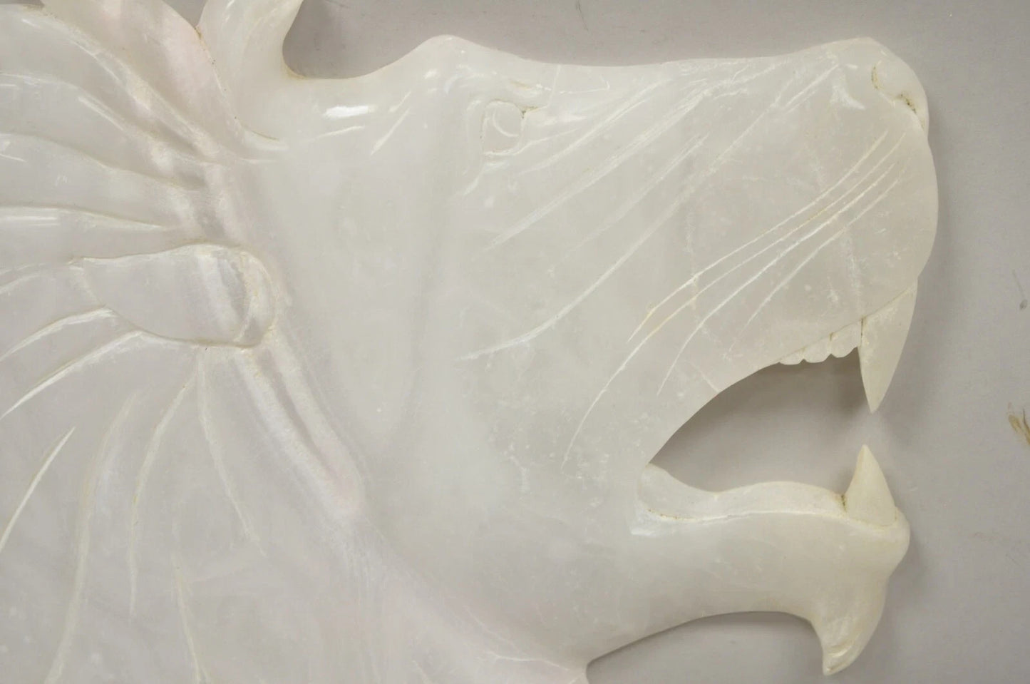 Vintage Italian Carved White Alabaster Lion Head Sculpture Statue Figure (B)