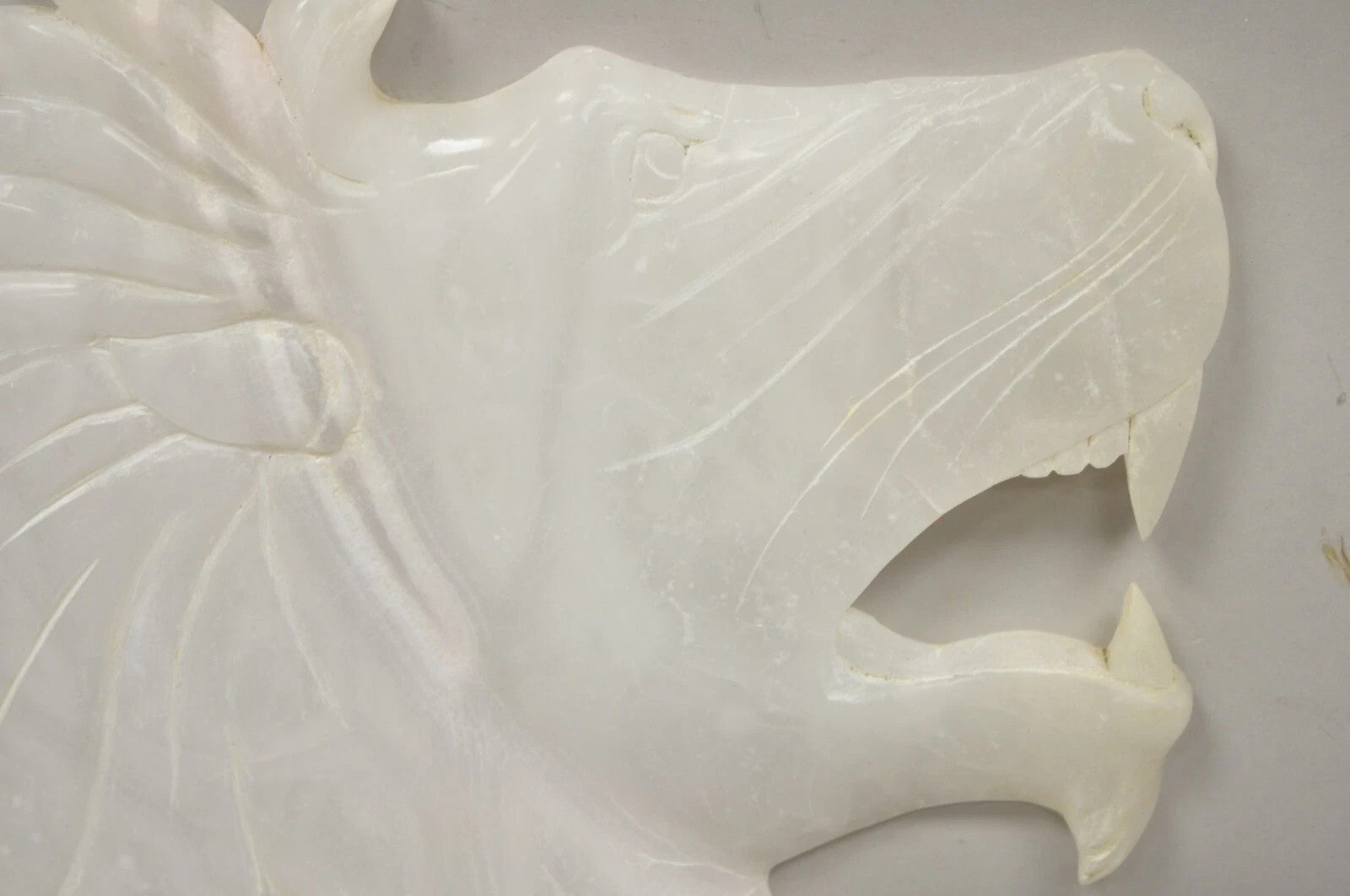 Vintage Italian Carved White Alabaster Lion Head Sculpture Statue Figure (B)