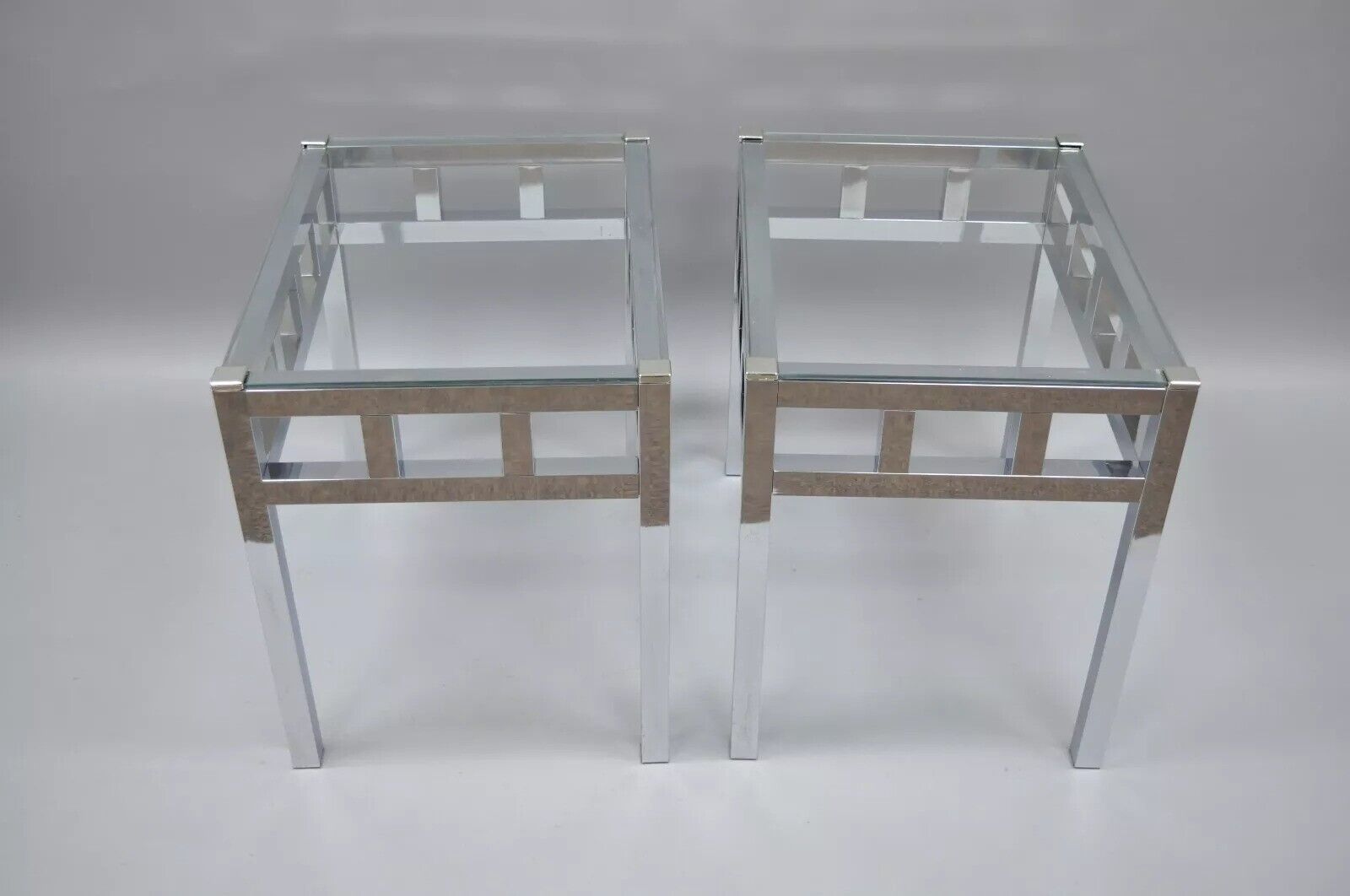 Mid Century Modern Baughman Style Chrome & Glass Rectangle Side Tables - a Pair