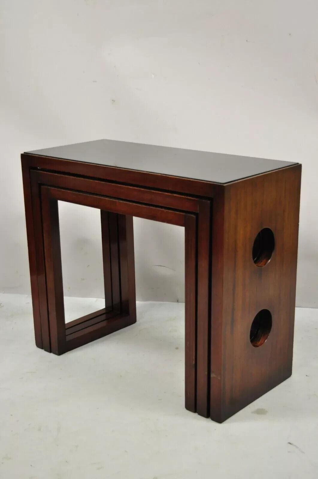 James Mont Mid Century Modern Mahogany & Glass Top Art Deco Nesting Side Tables